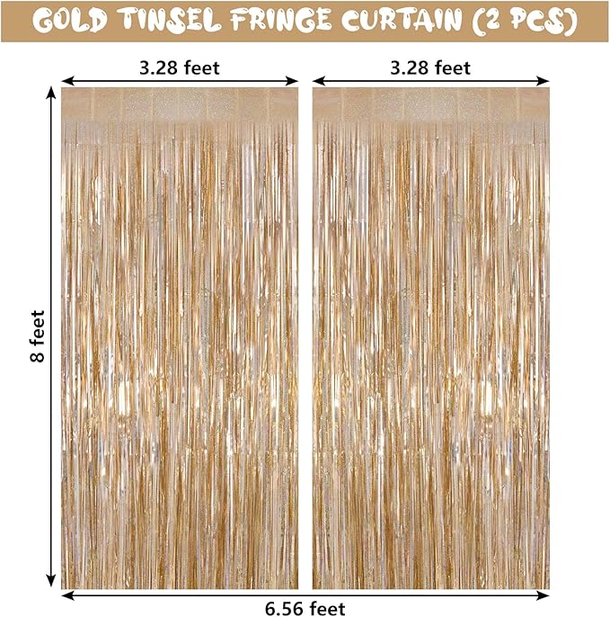 Champagne Tinsel Foil Fringe Curtain, 2 Pack 3.3 x 8.2 Ft Metallic Glitter Curtains Backdrop Streamers, Champagne Backdrop for Birthday Bachelorette Photo Booth Party Decorations