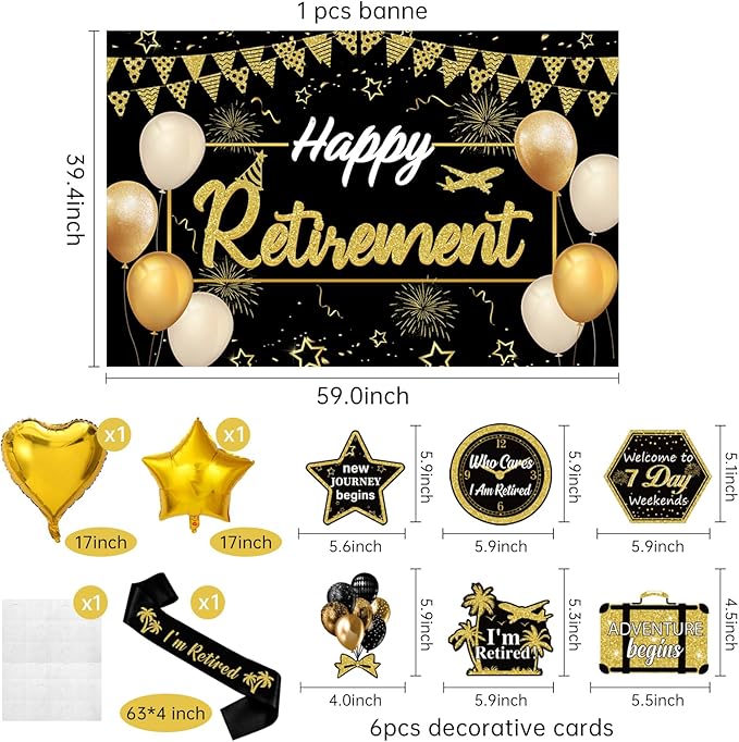 Retirement Party Decorations, Black Gold Happy Retirement Decorations Supplies - Banner Backdrop, Decorations Stickers, Retired Sash, Hanging Swirls, Foil Balloons, Honeycomb Centerpieces