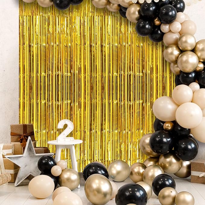 2 Pack Fringe Curtains Backdrops, Foil Fringe Curtains, Door Streamers for Birthday Wedding Bridal Shower Holiday Graduation Party Decorations, Photo Booth Backdrops, Gold