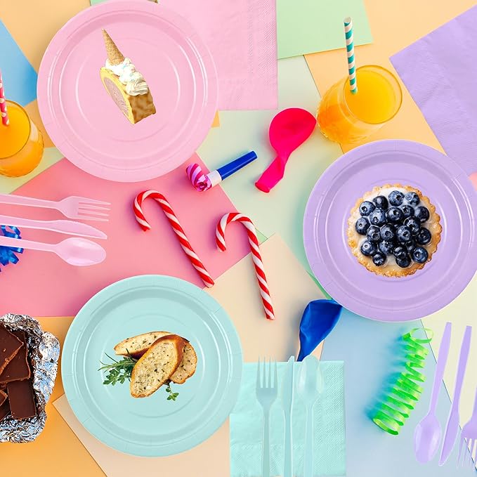 200 Pcs Pastel Rainbow Disposable Dinnerware Set, Macaron Color Paper Plates Cups Napkins Plastic Forks Knives Spoons, Pastel Party Tableware Serves 25 Guests