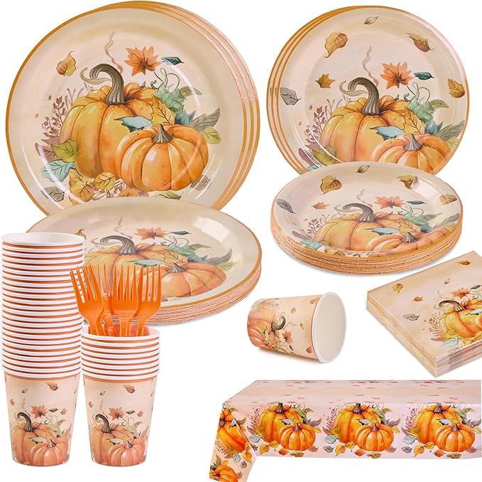 Mostop 126 Pcs Tableware Set - Fall Harvest Disposable Dinnerware with Plates, Napkins, Forks, Table Covers for Autumn Celebrations, Thanksgiving Day, and Harvest Festival, Serves 25 Guests
