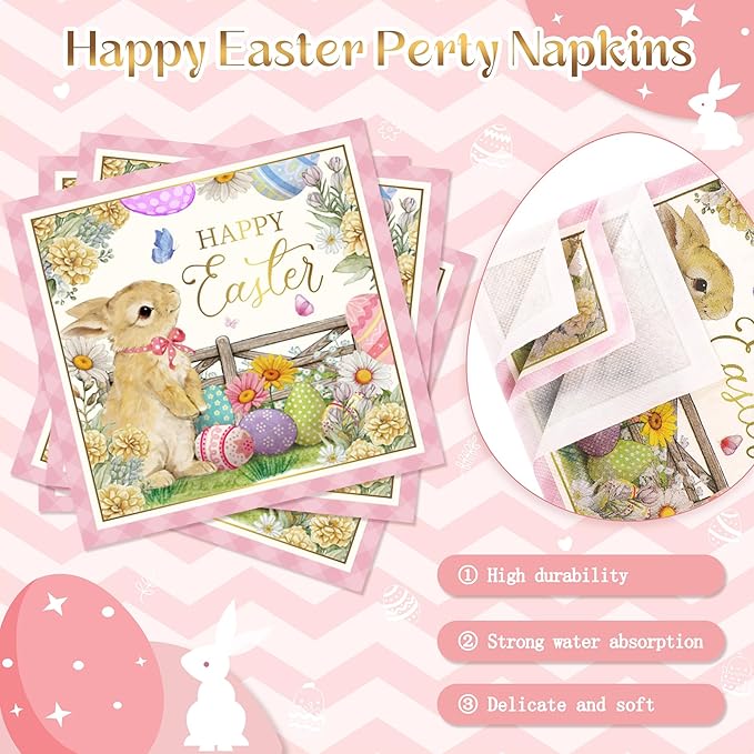168PCS Happy Easter Party Supplies, Bunny and Eggs Paper Plates Napkins Cups and Cutlery, Easter Floral Disposable Tableware for Holiday Decor, Spring Wildflower Party Decorations