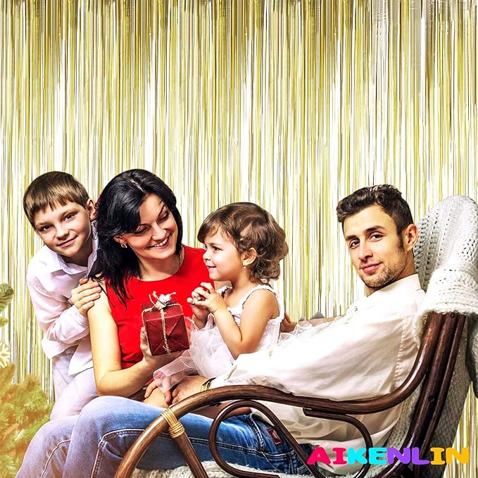 4 Pack 3.3Ft x 6.6Ft Light Gold Foil Fringe Curtain Backdrop, Metallic Tinsel Foil Fringe Streamers Curtains Background for Photo Booth, Birthday, Wedding, Halloween, Christmas Party Decoration