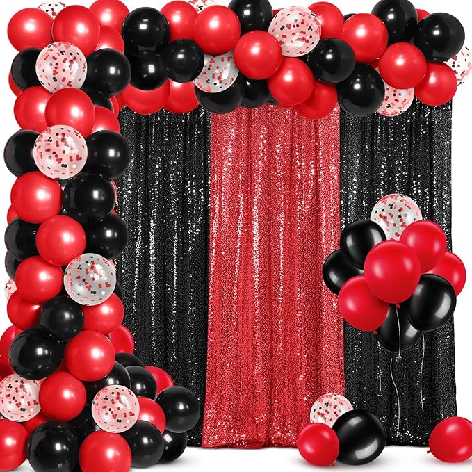 137 Pcs Red Black Party Backdrop Kits, 4 Sequin Backdrop Curtain 133 Balloon Arch Kit Garland Photo Background for Graduation Prom Wedding Anniversary Birthday Movie Night Decor
