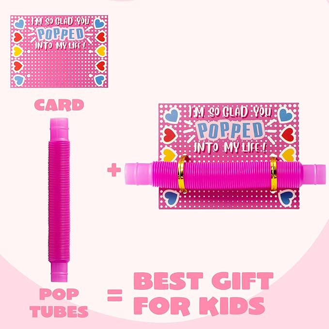 JOYIN 28 Packs Valentines Cards with Pop Tubes for Kids, Pop Tubes with Gift Cards Set, Stretchy Stress Relief Fidget Toys for Kids Classroom Valentine's Day Party Favors Classroom Gifts