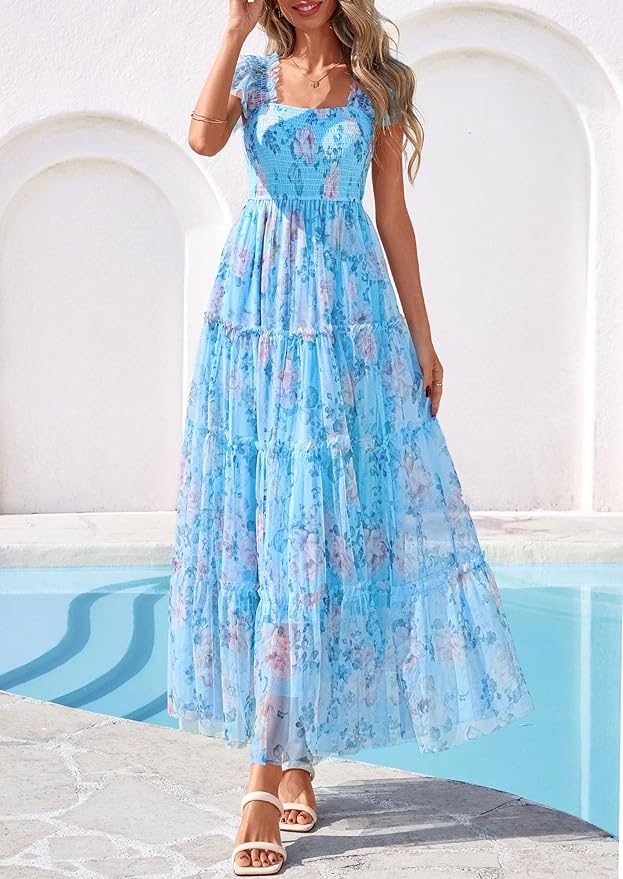 PRETTYGARDEN Women's Summer Tulle Midi Dress Sleeveless Smocked Ruffle Flowy Mesh Dresses Party Wedding Guest Sundress