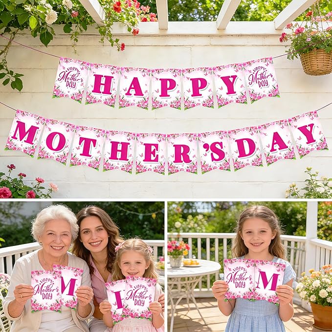 Mother's Day Decorations, Happy Mother's Day Banner for Party, Pre-Strung Banner for Indoor Outdoor Decor