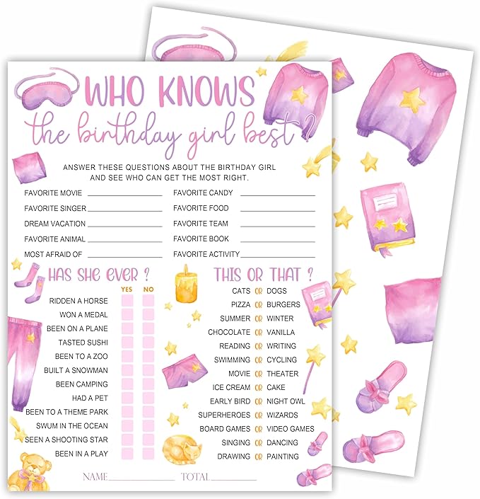 6"X8" Who Knows The Birthday Best - Watercolor Girl's Slumber Party - Funny Double-Sided 3-in-1 Game Card Set for Birthday Party, Sleepover Party Activities Supplies (20 Pcs)- A06