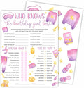 6"X8" Who Knows The Birthday Best - Watercolor Girl's Slumber Party - Funny Double-Sided 3-in-1 Game Card Set for Birthday Party, Sleepover Party Activities Supplies (20 Pcs)- A06