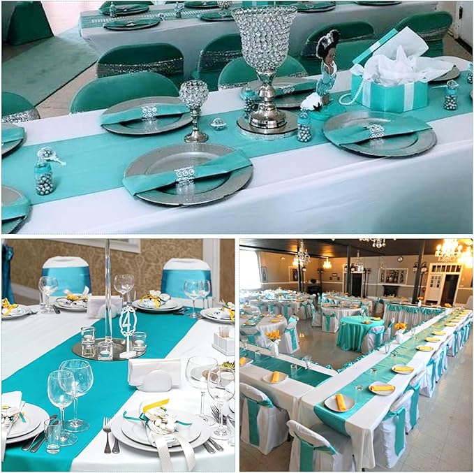 12Pack 12x108 Inch Satin Table Runner and 54x108Inch Plastic Tablecloths Set White and Teal Disposable Rectangle Table Cover for Graduation Wedding Bridal Shower Anniversary Birthday Party Decorations