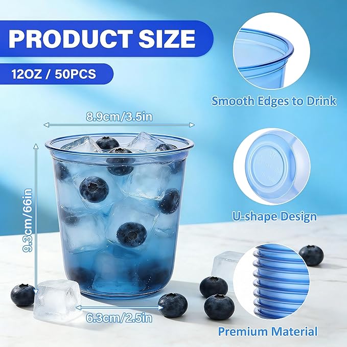 KesaPlan 50 Pcs Blue Plastic Cups, 12oz Disposable Stemless Wine Glasses for Cocktail Clear Wine Cups Cocktail Glasses Blue Party Cup for Wedding Birthday Meeting Christmas Party