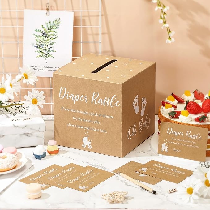 Funrous 51 Diaper Raffle Tickets with Box for Baby Shower Game Invitations Diaper Raffle Card for Gender Reveal Baby Shower Party Decoration Table Centerpiece(Brown Color)