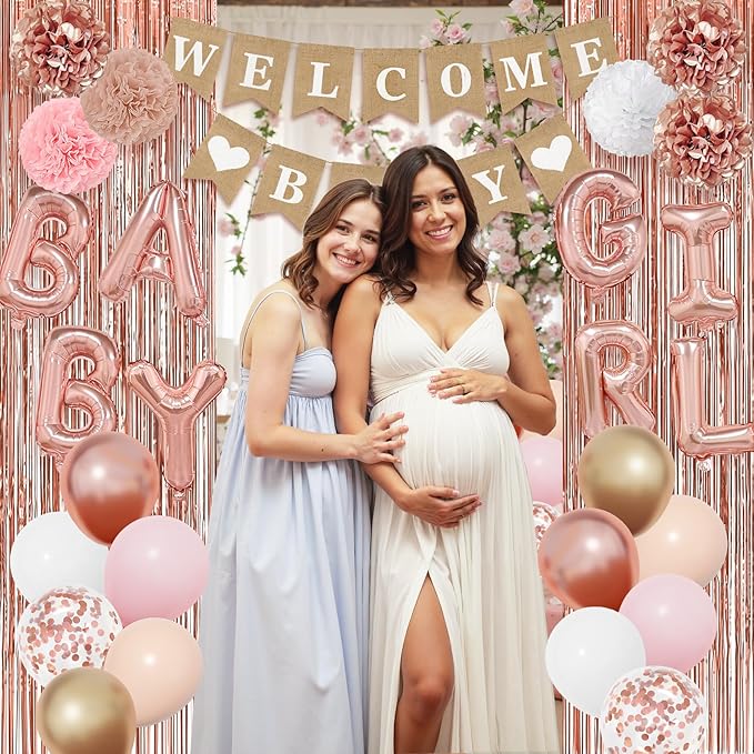 Ouddy Party Rose Gold Baby Shower Decorations for Girl with Welcome Baby Banner Baby Girls Rose Gold Pink Gold White Foil Balloons Fringe Curtains Paper Pom Poms for Baby Shower Reveal Party Supplies