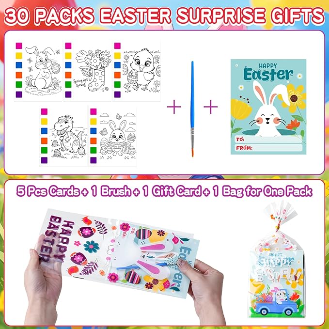 Rotu Easter Basket Stuffers Essentials 30 Packs(274Pcs) Mess Free Watercolor Coloring Books with Easter Cards for Kids, Easter Classroom Gifts for Kids Crafts Games Party Favors for Kids