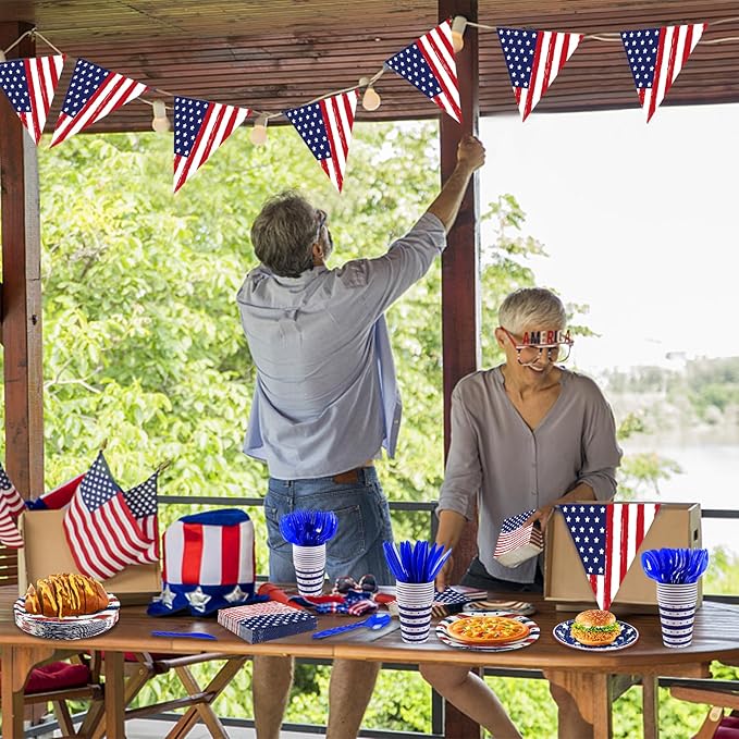 OuMuaMua Patriotic Party Supplies 184 Pcs American Flag Themed Tableware Set 4th of July Disposable Paper Plates Napkins Cups and Banner for Independence Day Memorial Day Party Decorations Serves 25