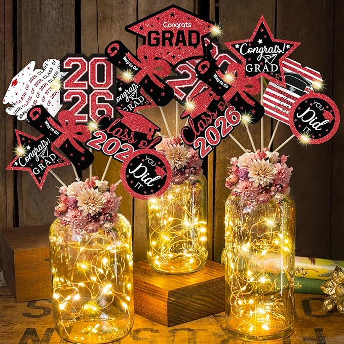 Graduation Decorations Class of 2026-30pcs Red and Black Graduation Table Centerpieces Sticks Table Toppers with Lights for College High School Congrats Grad Party Supplies