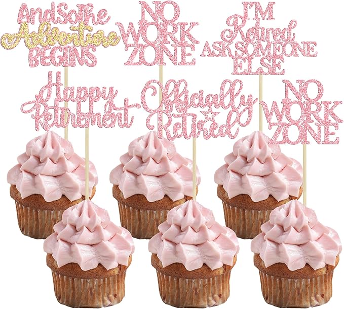 Gyufise 30Pcs Happy Retirement Cupcake Toppers Officially Retired Cake Toppers No Work Zone Adventure Begins Cupcake Picks for Retirement Theme Farewell Birthday Party Decorations Supplies Pink