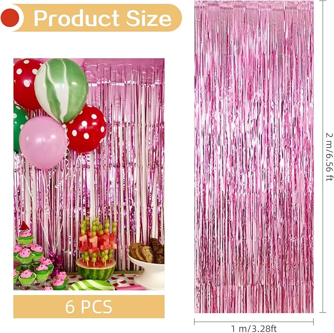 6 Pack Pink Foil Curtain Backdrop 3.2ft x 6.6ft Metallic Tinsel Fringe Backdrop Curtains Streamer Photo Booth Backdrop for Birthday Engagement Bachelorette Christmas Holiday Party Decorations