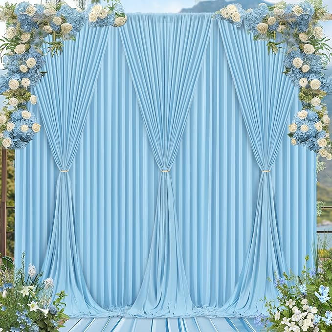 Blue Backdrop Curtains 4 Panels - Wrinkle-Free Light Blue Curtains Polyester Photography Drapes Photo Background for Baby Shower Birthday Party Decorations- 16 X10FT (Blue)