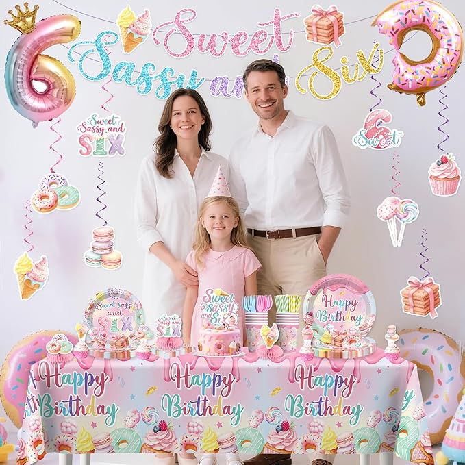 180pcs Sweet Sassy and Six Birthday Decorations with Tableware Set, Banner, Hanging, Tablecloth, Cake Topper, Centerpieces, Balloon, for 6 Year Old Girl Birthday Decorations, Serves 25