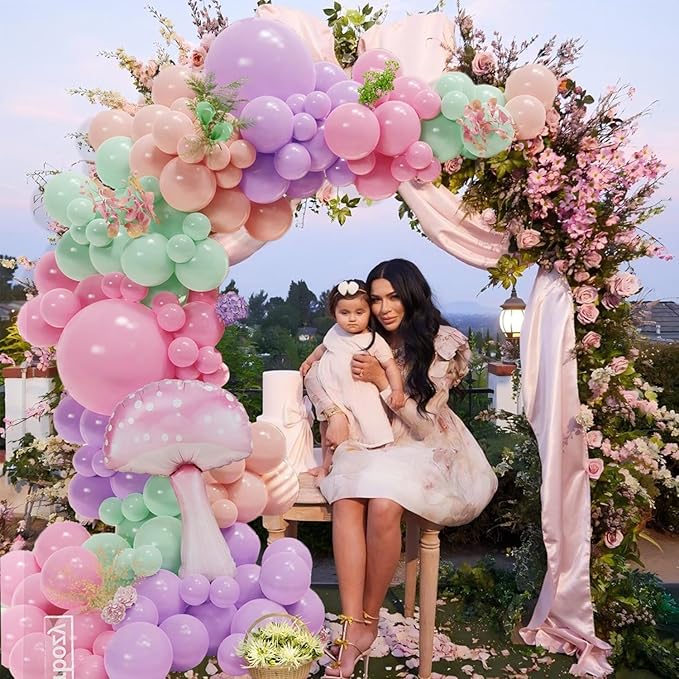 143Pcs Fairy Wonderland Balloon Arch Garland Kit, Pastel Pink Purple Dusty Green Latex Balloons with Mushroom Foil Balloons for Girls Fairytale Birthday Spring Baby Shower Garden Tea Party Decorations