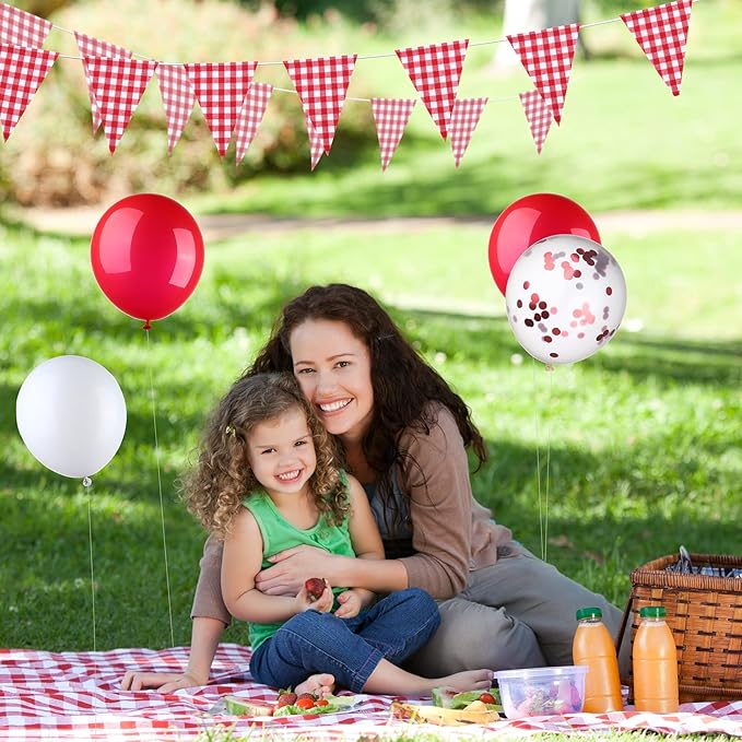 4 Packs 51 x 71 Inch Gingham Plaid Table Covers, 2 Pieces Buffalo Lumberjack Checkered Pennant Banner, 44 Pieces Latex Balloons for Picnic BBQ Birthday Party Decoration (Red White Plaid)