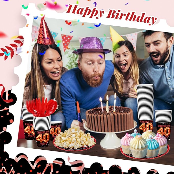 240 Pcs 40th Birthday Decorations 1986 Birthday Party Tableware Include Plates Napkins 9oz Cups Cutlery 40th Anniversary Party Supplies for Men Women Him Her, Serve 30 Guests (Black Red)