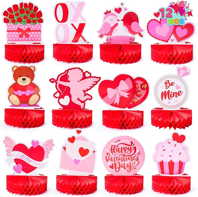 JOYIN 12 Pcs Valentine's Day Honeycomb Centerpieces, Table Decorations with Red Pink Heart Bear , Centerpieces Decor for Kids Birthday Valentine's Day Party Supplies