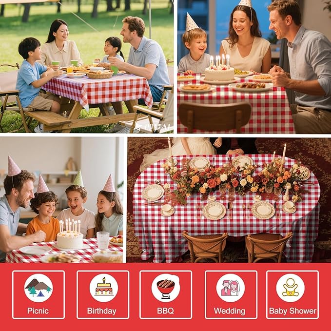 3 Pack Red and White Checkered Tablecloth, 54 X 108Inch Plastic Red Gingham Table Cloth Disposable Spring Picnic Tablecloth Waterproof Red Checkered Table Cover for BBQ Picnic Barbecue Birthday Party
