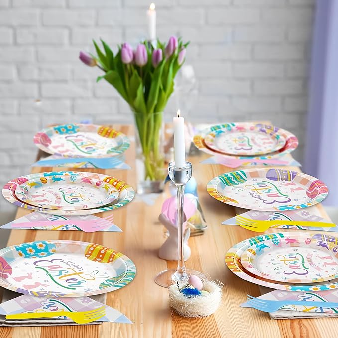 120 PCS Easter Party Decorations, 30 Set 9" Dinner Plates 7" Dessert Plates Paper Napkins Forks Set, Disposable Paper Plates Happy Easter Plates Bunny Egg Party Dinnerware Tableware Party Supplies
