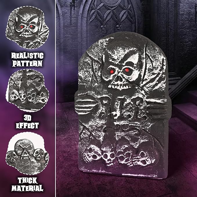 3 Pcs Halloween Tombstones Decoration with Green Lights, Blue Lights, Plastic RIP Grave Yard Signs Outdoor Garden Party Decor