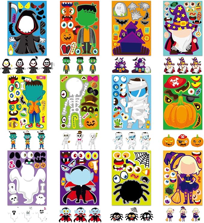 24 Sheets Halloween Stickers for Kids, Halloween Decorations, Kids Party Games, Face Stickers, Vinyl, Waterproof, Cartoon, Halloween Style