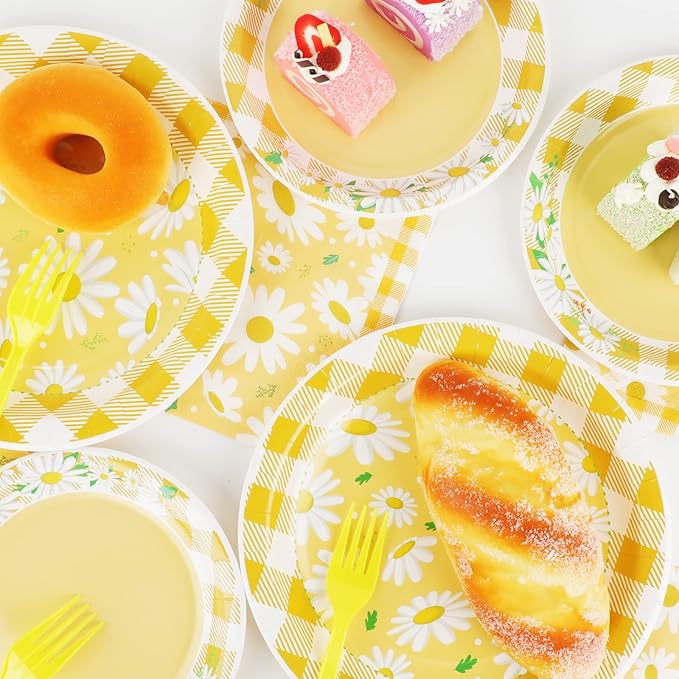Wiooffen 96 Pcs Daisy Flower Party Supplies for 24 Guests Daisy Party Tableware Set Yellow Daisy Flower Birthday Party Pack Paper Plate Napkin Fork for Birthday Party Wedding Bridal Baby Shower