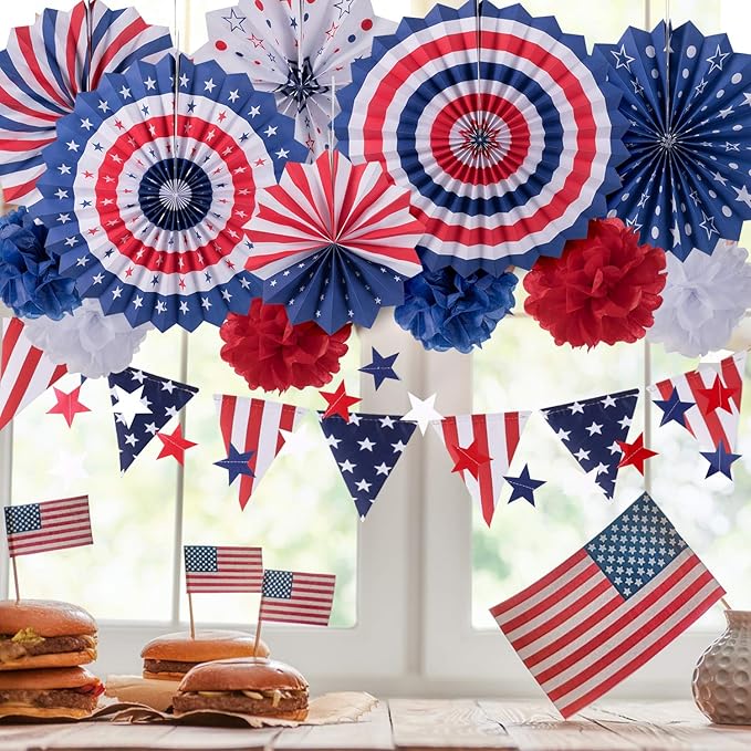Whaline 4th of July Party Decorations Set, Patriotic USA Flag Pennant Bunting, Red White Blue Paper Fans, Star Garland Hanging Streamers, Tissue Pom Pom Flowers for Independence Day Decor, 14Pcs