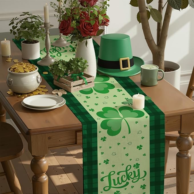 St Patricks Day Decorations - Shamrock Table Runner | St Patrick's Day Party Favors Supplies Decor Indoor Outdoor - Spring Saint Patricks Table Cloth Banner for Home Kitchen Dining Table Decorations