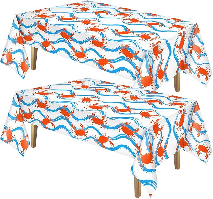 Juexica 2 Pcs 54 x 108 Inch Crab Boil Party Table Cloth Summer Seafood Party Supplies Plastic Crab Tablecover Decorations Rectangular for Sea Animals Dining Kitchen Centerpiece (Blue Waves Style)