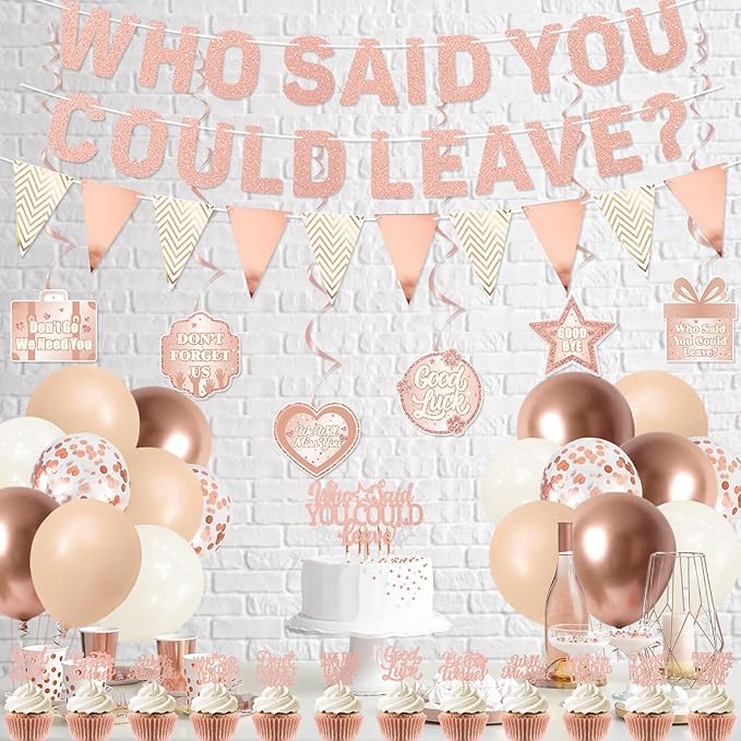 Roetyce Farewell Party Decorations, Pink Who Said You Could Leave Banner Cake Toppers Balloons Hanging Swirls, Rose Gold Going Away Retirement Leaving Party Decorations Coworker Goodbye Party Supplies
