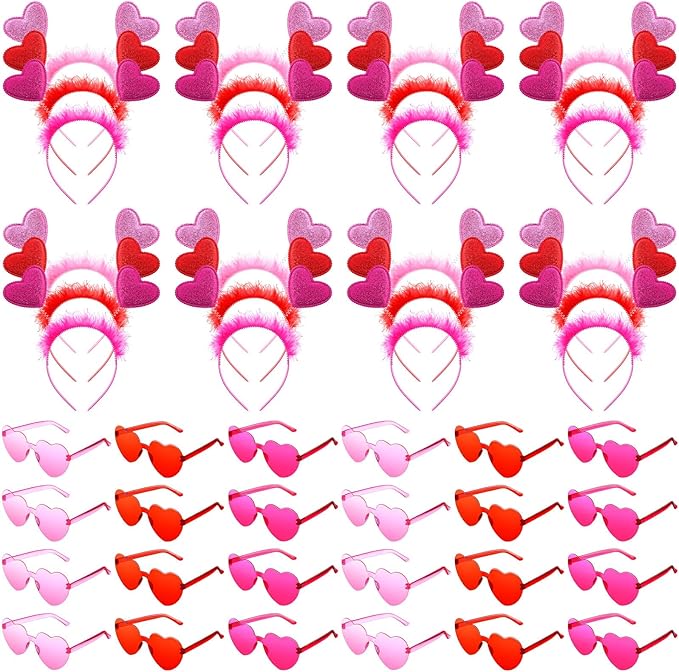 48 Pcs Red Love Heart Bopper Glitter Headbands and Heart Sunglasses, Wedding Party Pink Eyeglasses for Decor