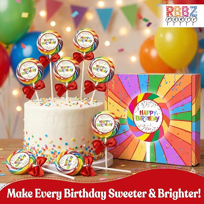 Happy Birthday Candy Lollipops - 24 Individually Wrapped Colorful Swirl Suckers - Great for Kids Goodie Bags, Bulk Birthday Party Favors