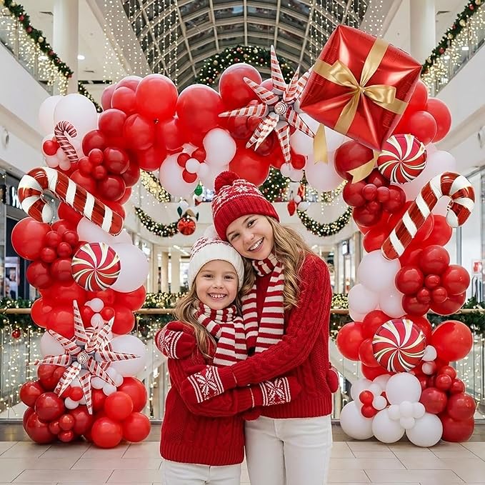 Christmas Party Decorations with Red and White Balloon Arch Kit & Star Candy Canes Lollipops Gift Boxe Foil Balloons for xmas Friendsmas New Year's Eve Party Decorations