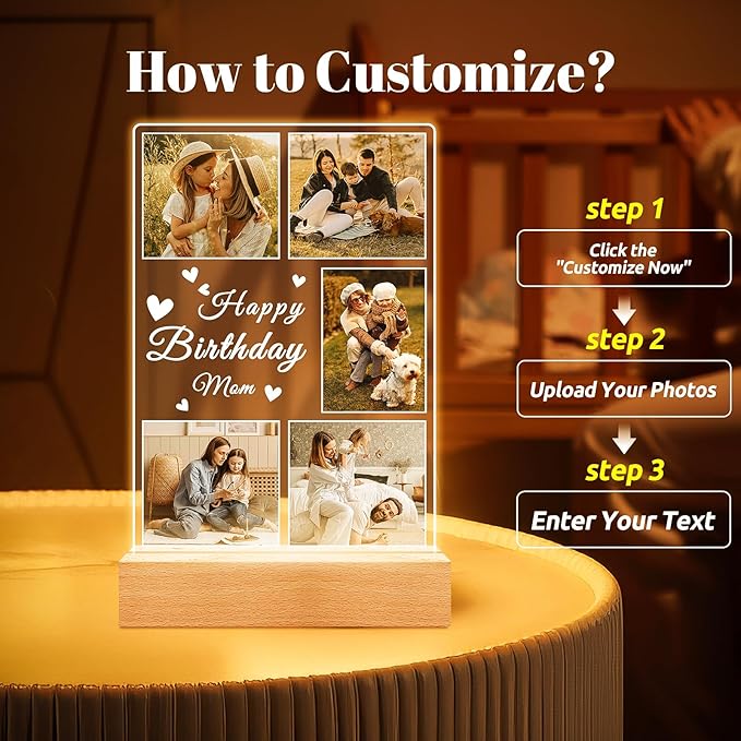 Personalized Birthday Gifts for Mom from Daughter Son, Custom Picture Frames with Photo, Customized Photo Frame with Night Light, Personalized Mothers Day Gifts for Mom Baby Kids Family
