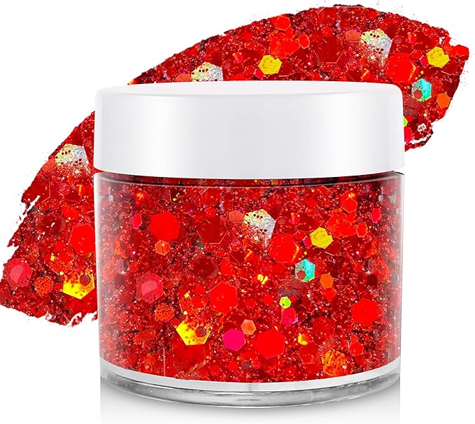 Red Face Hair Glitter,Cheer Holographic Red Body Glitter,Rave Music Festival Singer Concert Accessories,Valentines Day Outfit for Women,Halloween Cosplay Shimmer Makeup