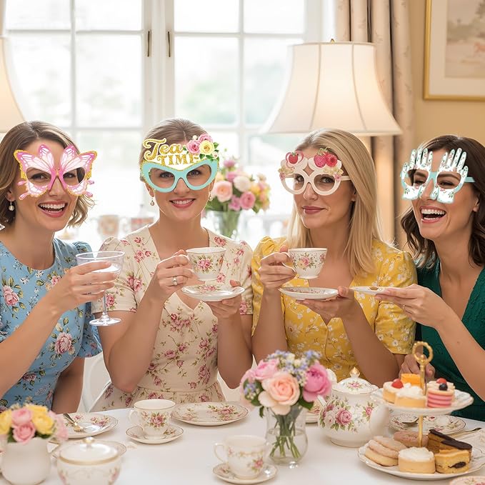 Pajean 32 Pcs Tea Party Decorations Eyeglasses Tea Time Themed Paper Glasses Supplies Floral Photo Booth Props Frame for Garden Floral Bridal Shower Birthday Party Decor Favors Supplies