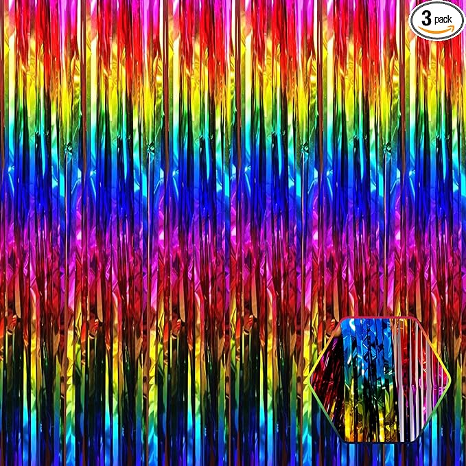 3 Pack Rainbow Foil Fringe Curtain Backdrop, 3.28Ft x 8.2Ft Metallic Tinsel Foil Fringe Streamer Curtains for Photo Booth, Mother's Day, Easter, Birthday, Wedding Party Decorations
