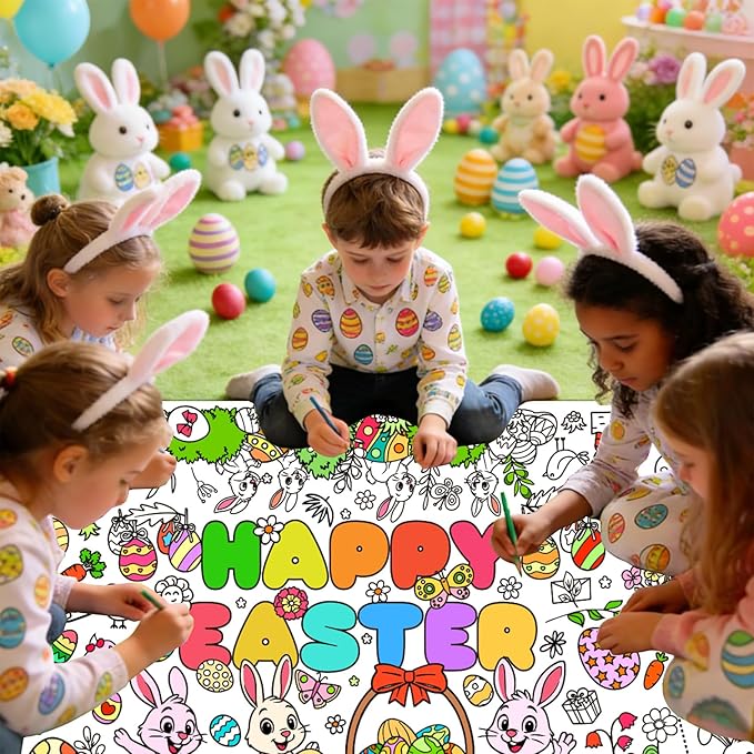 Easter Coloring Tablecloth/Poster, Easter Crafts for Kids, 72" x 30" Giant Paper Coloring Table Cloth Banner for Gifts Games Activities Party Decorations, Fun DIY Art Easter Party Supplies for Family