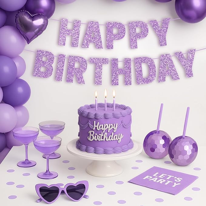 Pre-strung Happy Birthday Banner - No DIY - Purple Glitter Happy Birthday Party Banner for Girls & Women - Pre-strung on 8ft Strands - Light Pastel Purple Bday Party Decorations. Did We Mention No DIY