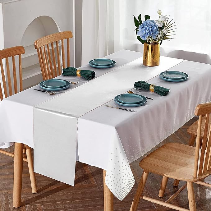 MASHAN 24Pack Disposable Plastic Tablecloths and Satin Table Runner Set White and Silver Dot Tablecloth Silver Satin Table Runner for Wedding Birthday Baby Shower Christmas New Year Party Decorations