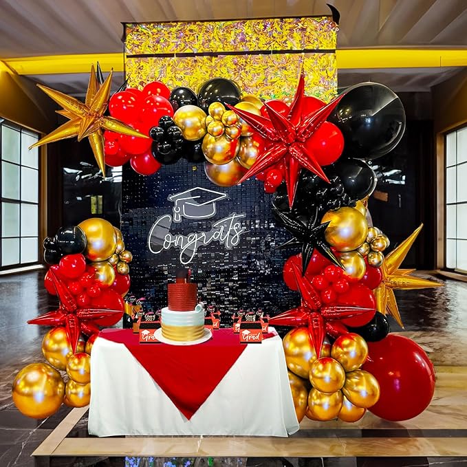 Black Red and Gold Balloon Garland Arch Kit 150PCS – Starburst Balloons for 2025 Graduation Party Decorations, Prom, Class of 2025, Movie Night or Casino Theme Celebration
