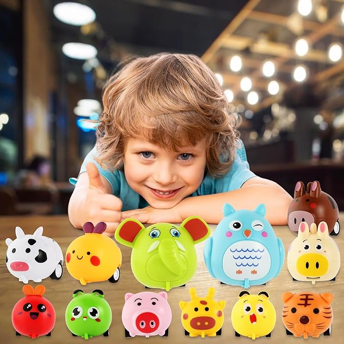 Small Pull Back Toy Cars Set,12 PCS Mini Racing Vehicles for Holiday Birthday Party Favors,Goodie Bag Stuffers,Classroom Prizes,Bulk Toys for Kids (Tiger,Cow,Bee,Zebra,Pig,Owl,Elephant Zoo Design)