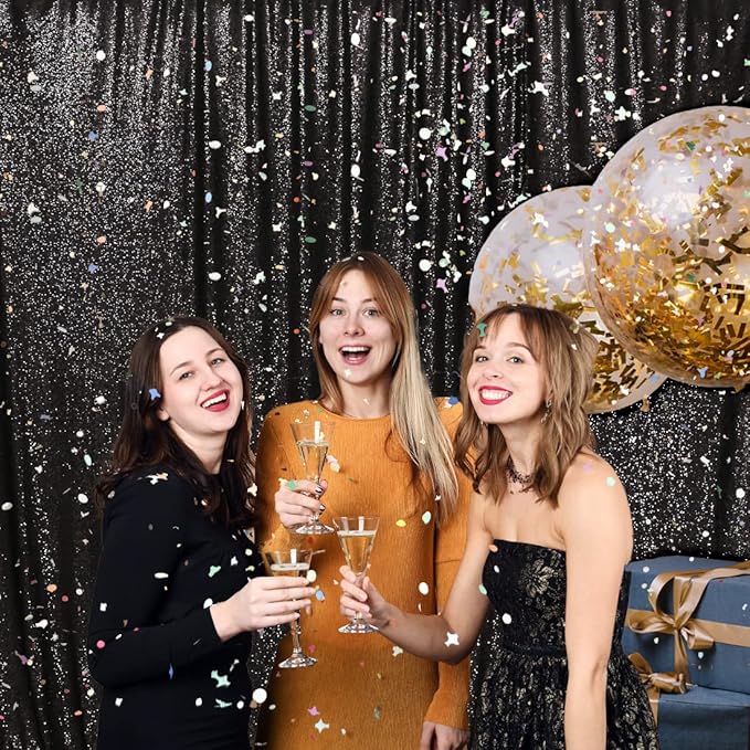 PartyDelight Black Sequin Backdrop 6x6ft - High Density 3mm Shimmer Sequin Background with 4-Inch Rod Pocket, Sparkly Photography Curtain for Birthday, Prom, Studio & Event Decor